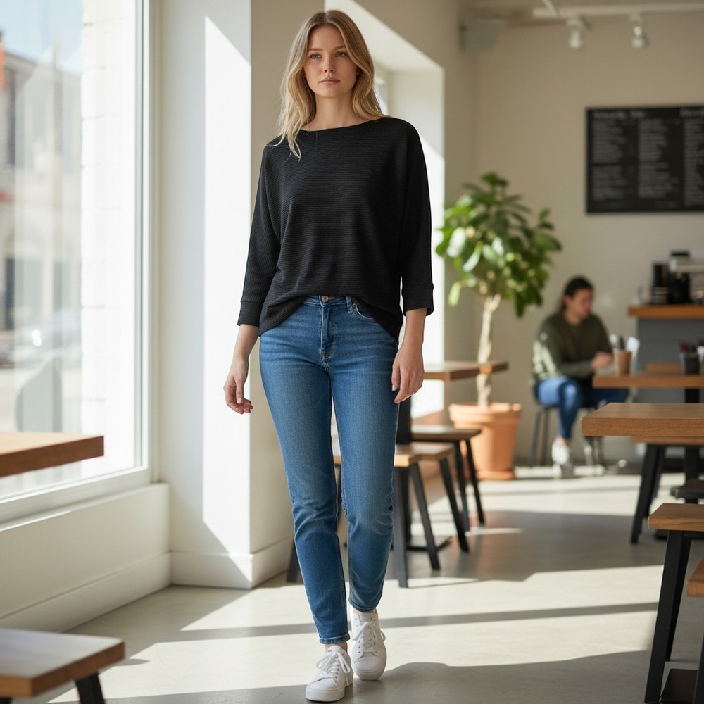 A New Day Shirt S Black Relaxed Fit Ribbed Long Sleeve Boat Neck Pullover